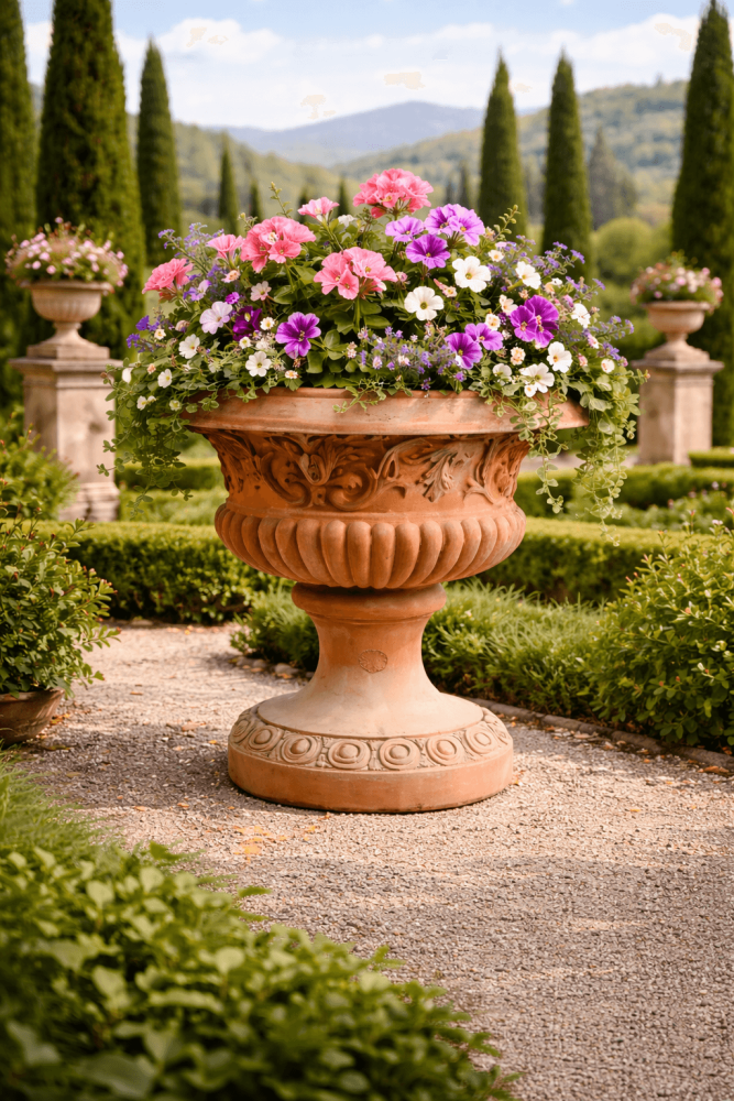 Grande vasque en terre cuite d’Impruneta avec décor de feuilles